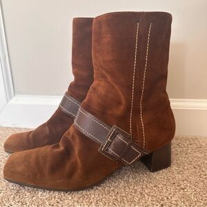Ecco Chestnut Suede Mid-Calf Heeled Boots with Buckle Strap